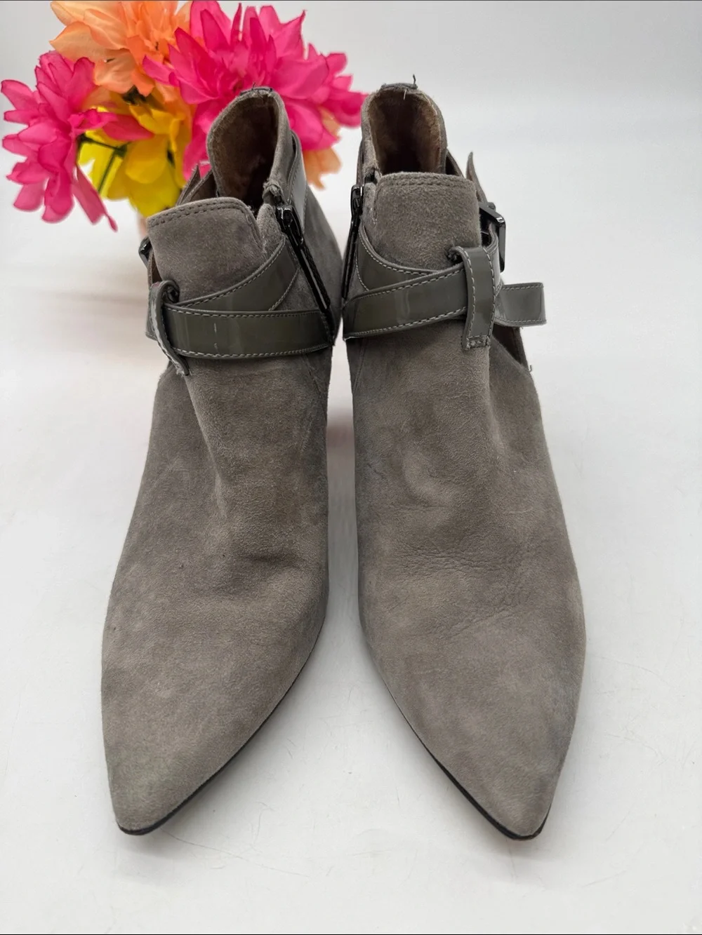 Donald J. Pliner Gray Suede Pointed-Toe Ankle Booties with Buckle Strap Size 8